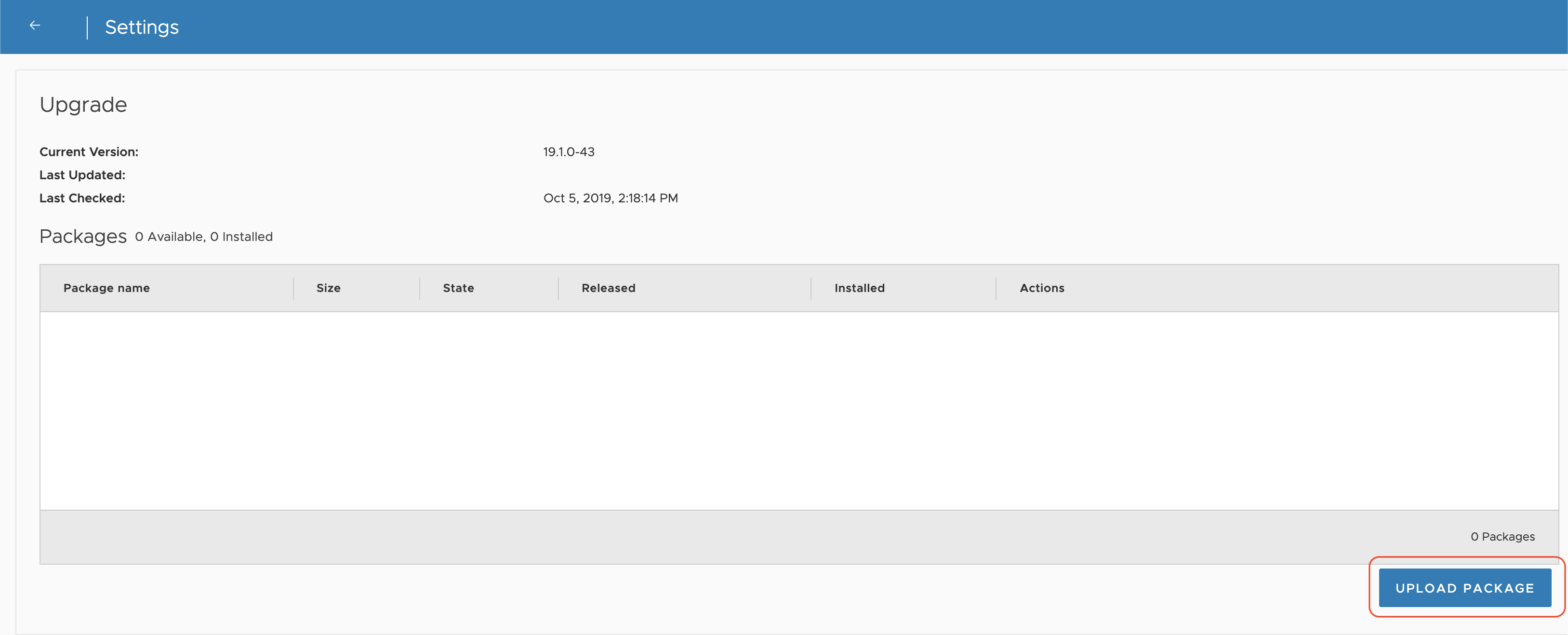 PPDM upgrade panel, showing no upgrade packages available and an option to upload a package to the system.