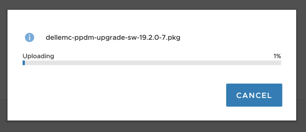 Upload progress bar for the PPDM upgrade package.
