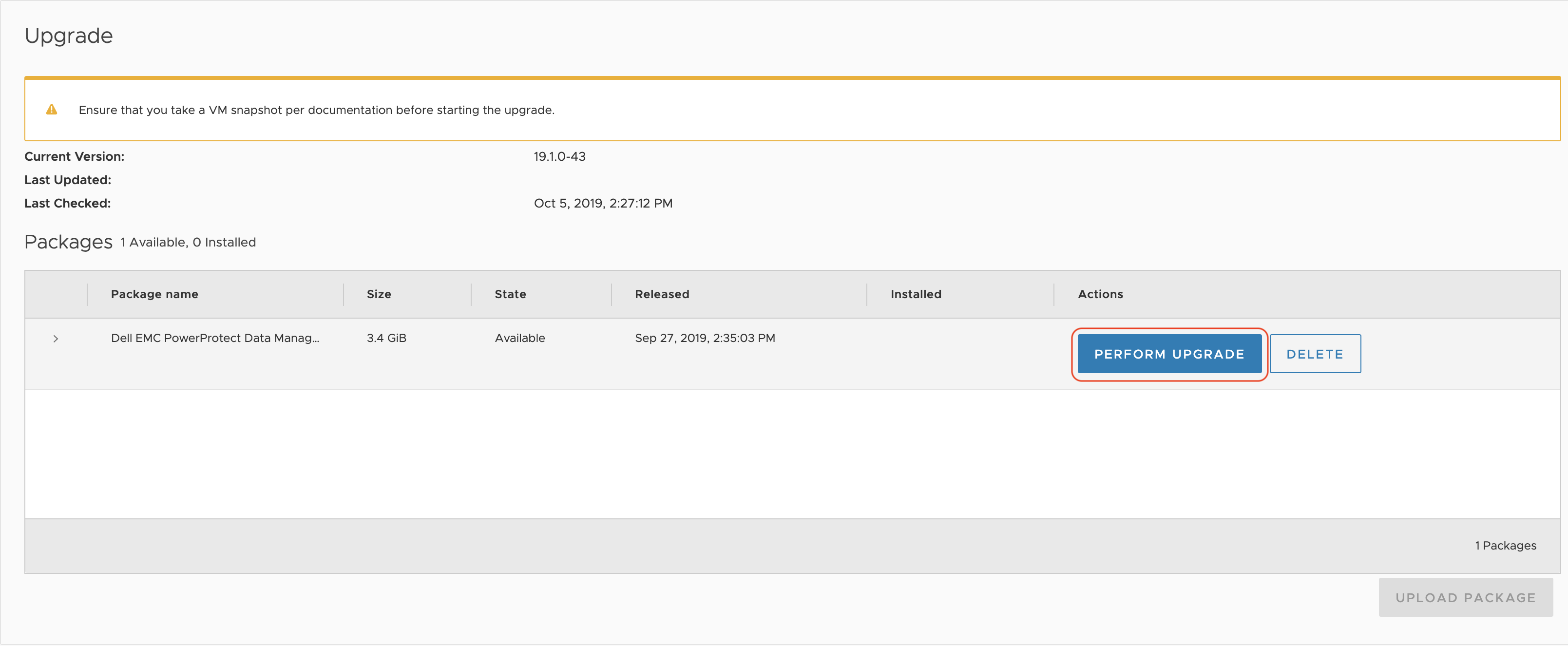 PPDM upgrade screen with package ready to be upgraded, warning showing that there should be a VM snapshot before proceeding.
