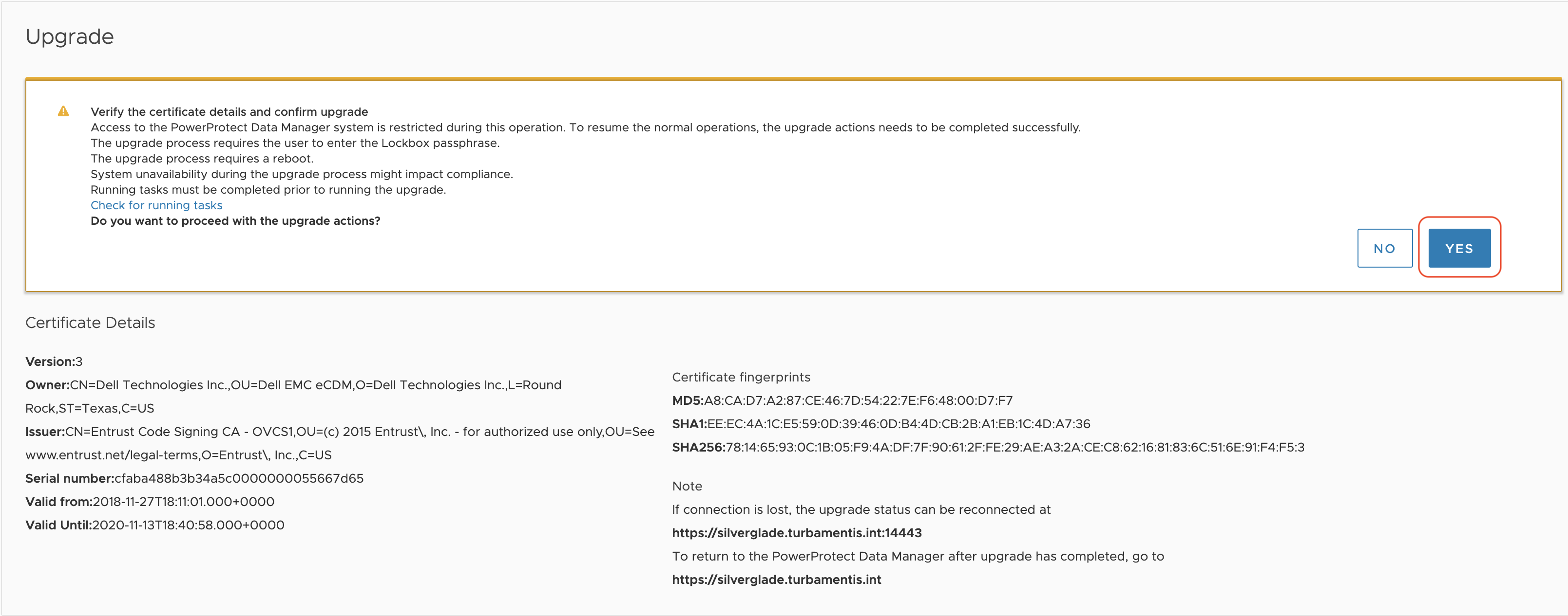 PPDM upgrade process, showing the steps that will be performed and the warning that upgrading does cause an outage.