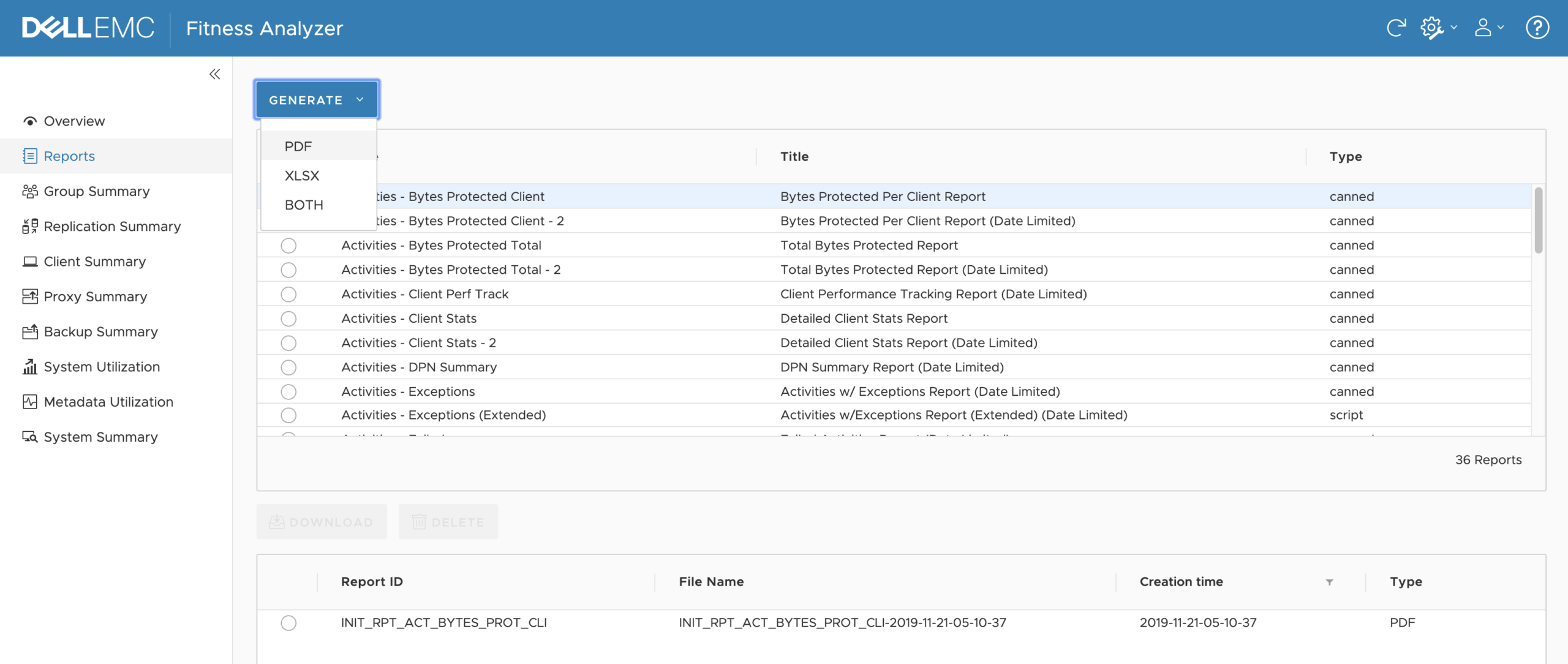 Bytes Protected per Client, showing Extraction Options