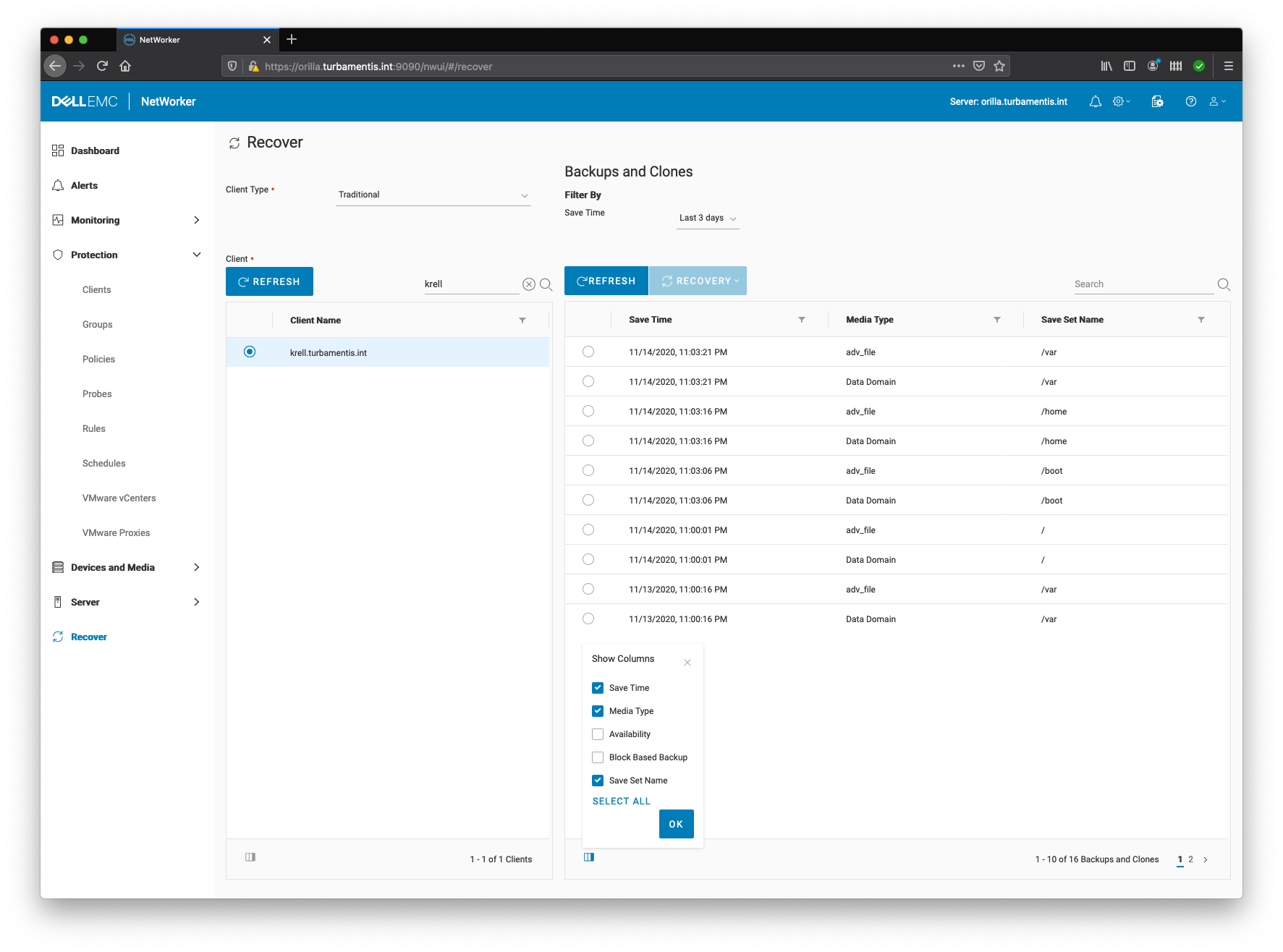 NWUI Recovery Step 1 – Selecting client, recovery type and saveset to recover from