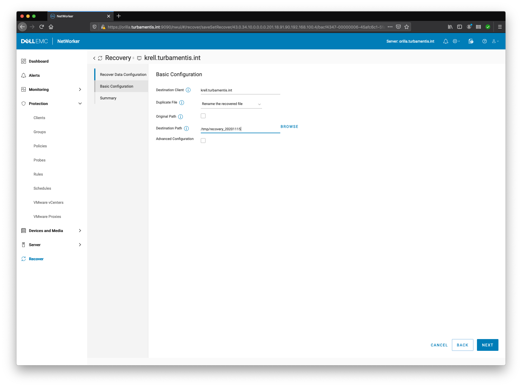 NWUI Recovery Step 8 – Choosing Destination Details