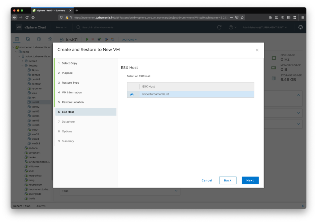 PowerProtect Data Manager: Choosing the ESX Host for the restore