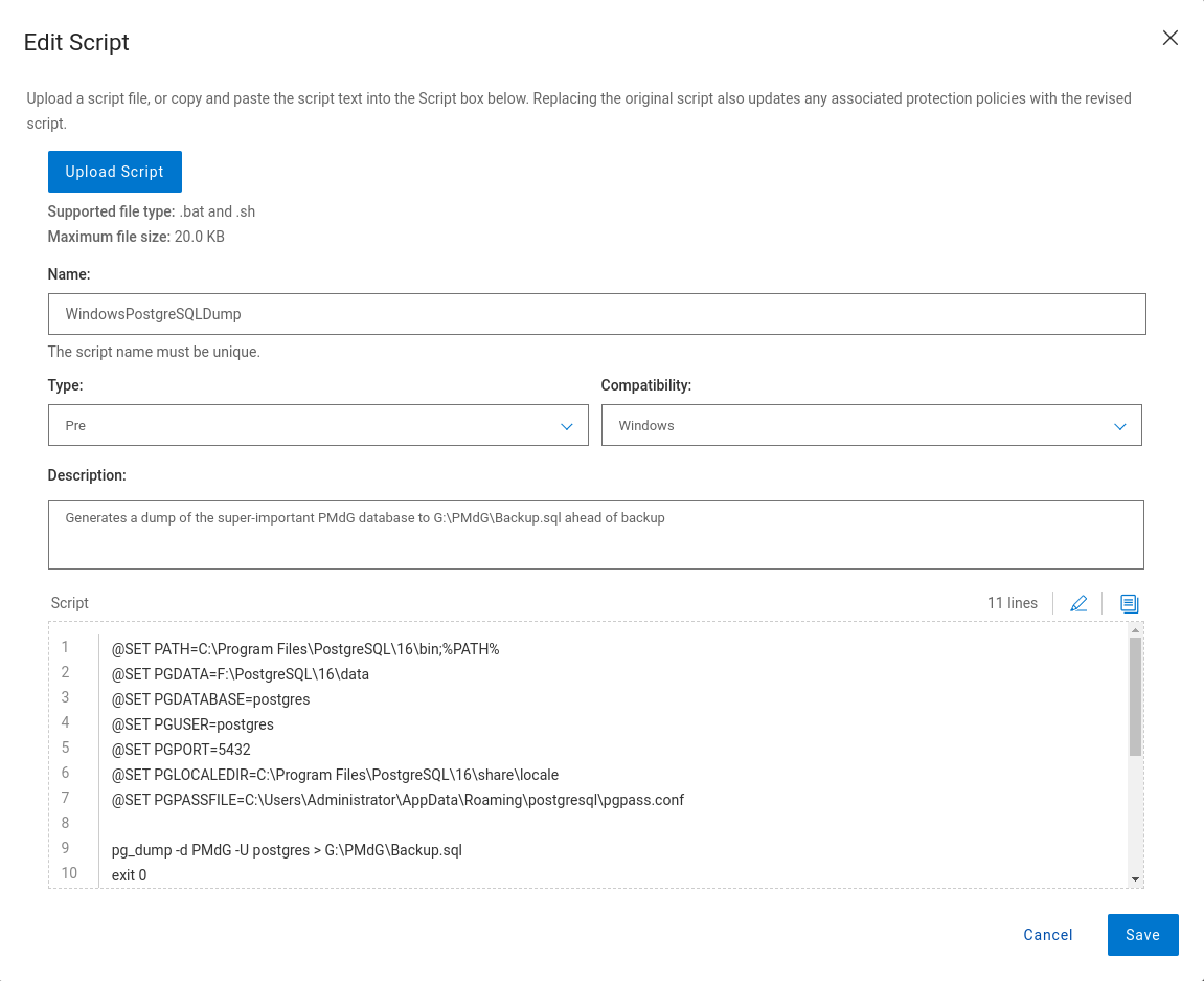 PowerProtect Data Manager Script Editing Window showing a basic database backup script similar to the script shown earlier in this blog.