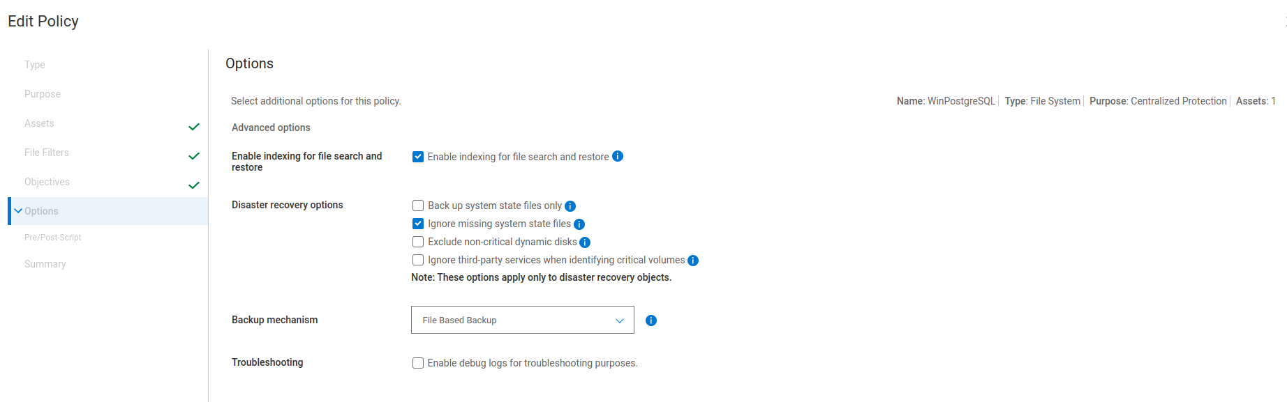 Policy backup options showing indexing enabled for the backup