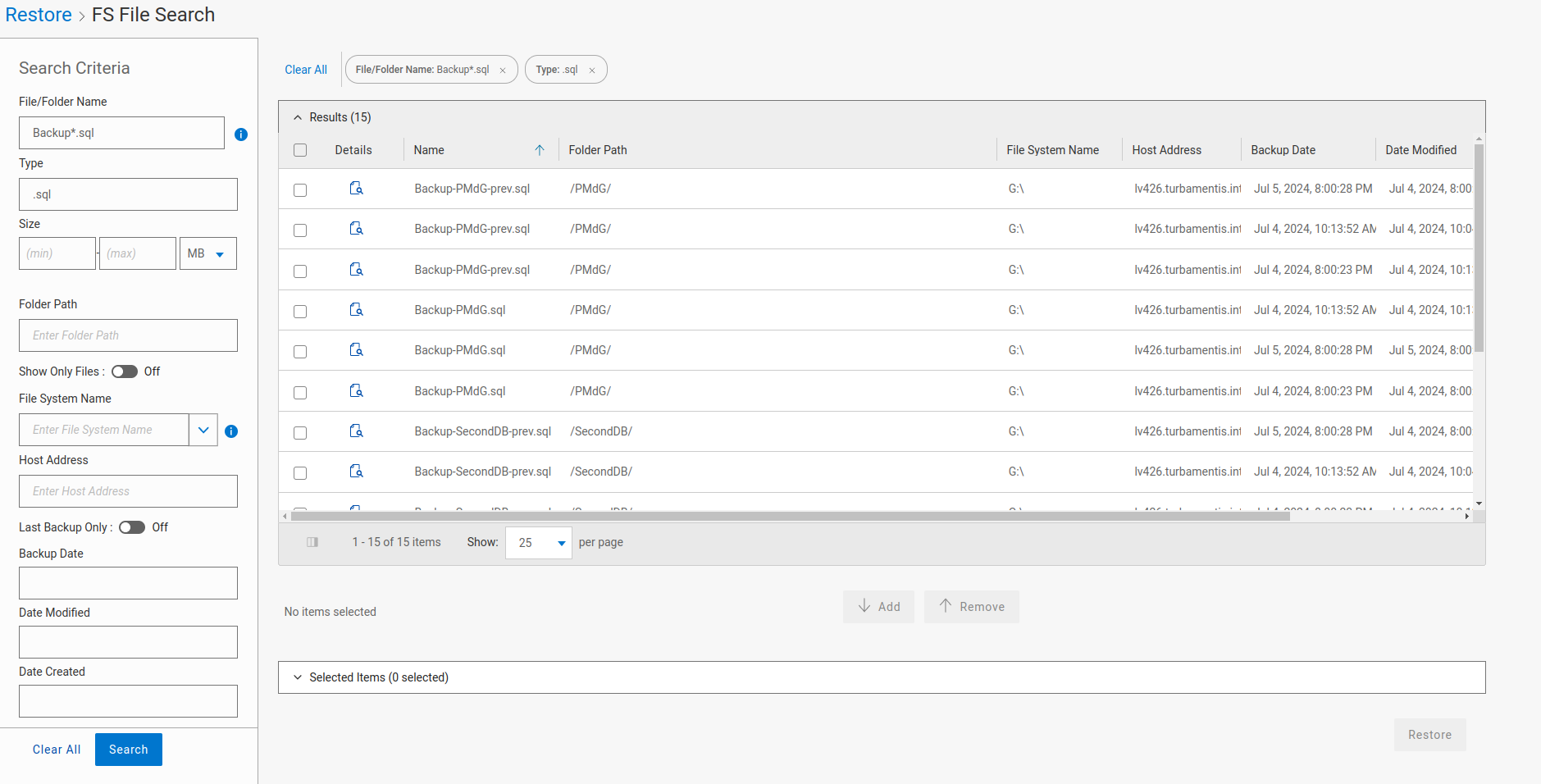Data Manager File Search showing a number of database dumps ready for restore