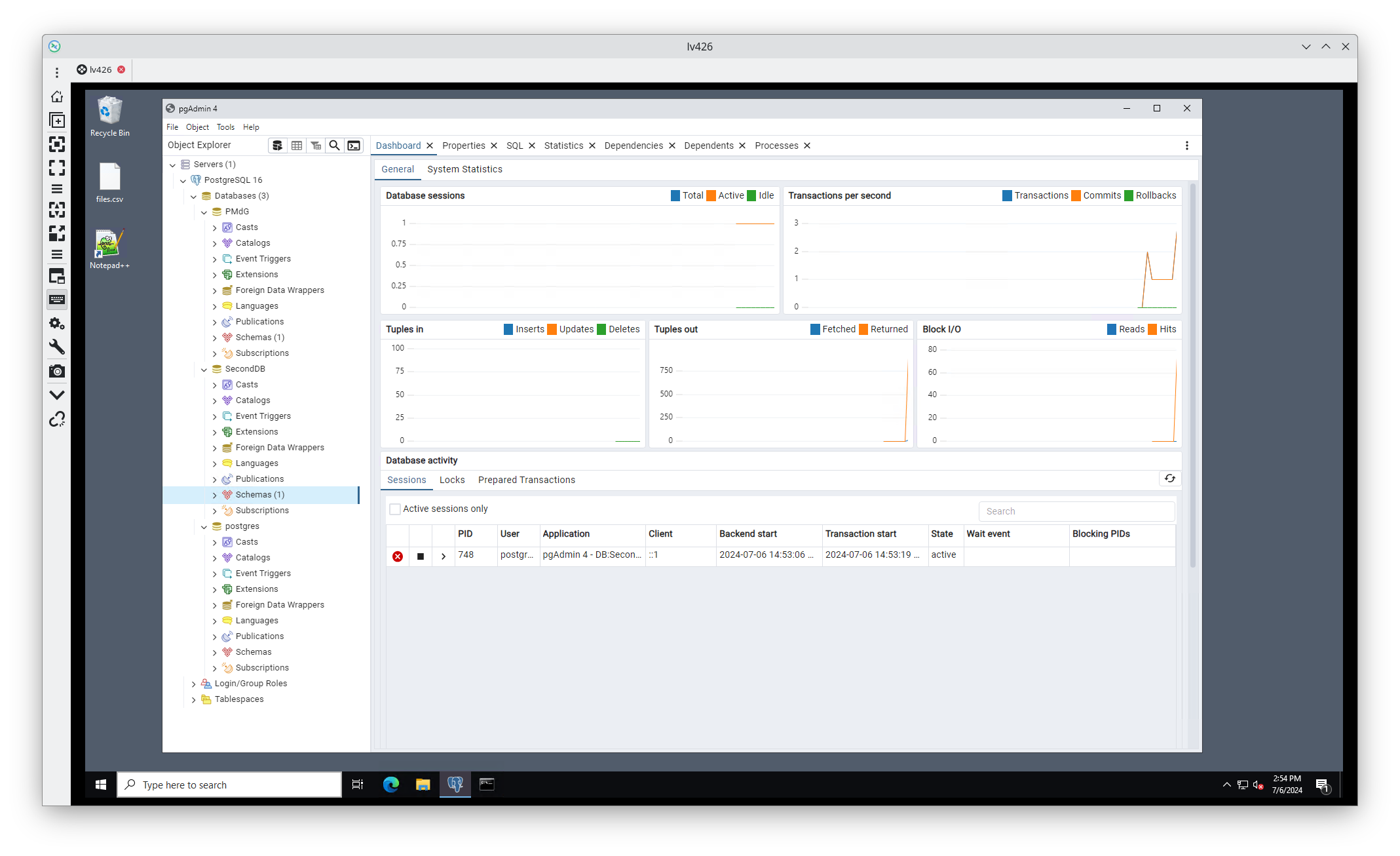 Windows desktop showing pgAdmin4 running with 3 databases visible - PMdG, SecondDB and postgres.