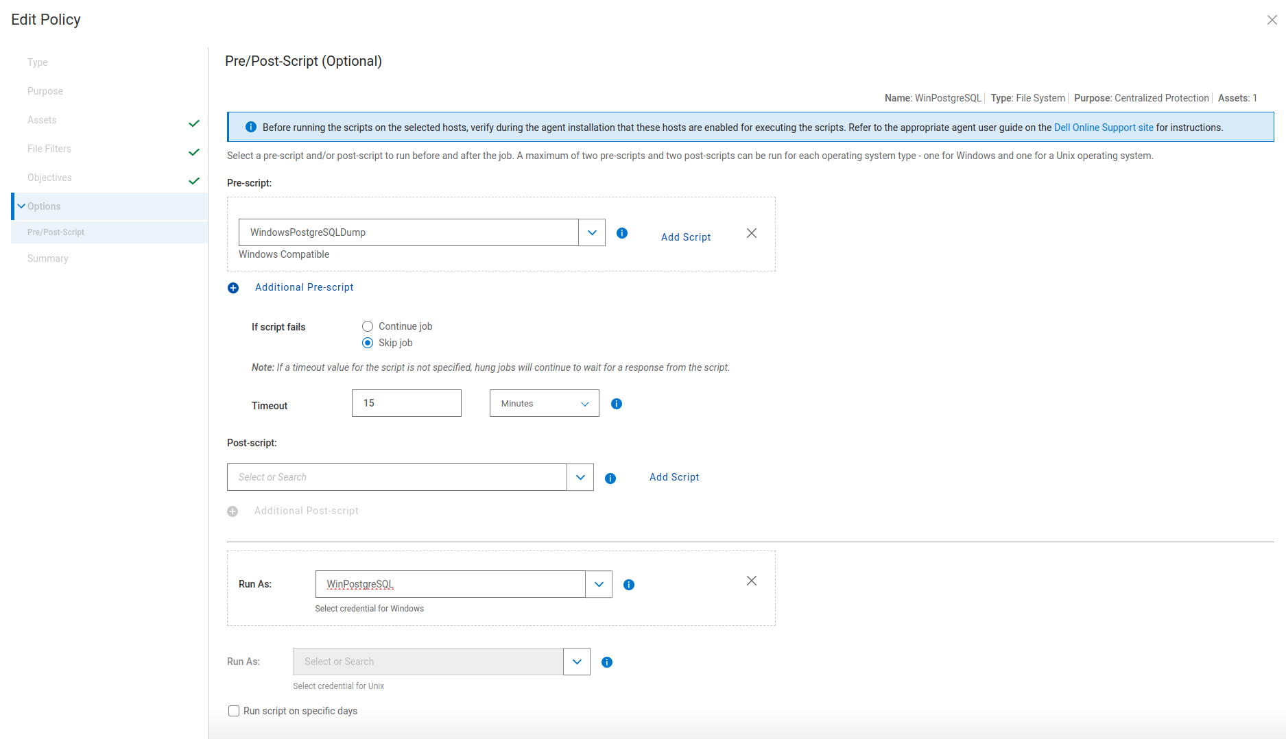 Configuration of the pre-script within Data Manager. The script has been selected, and Windows credentials have been set to allow the script to run. It is configured to time out after 15 minutes and the job will be skipped if the pre-script does not execute successfully.
