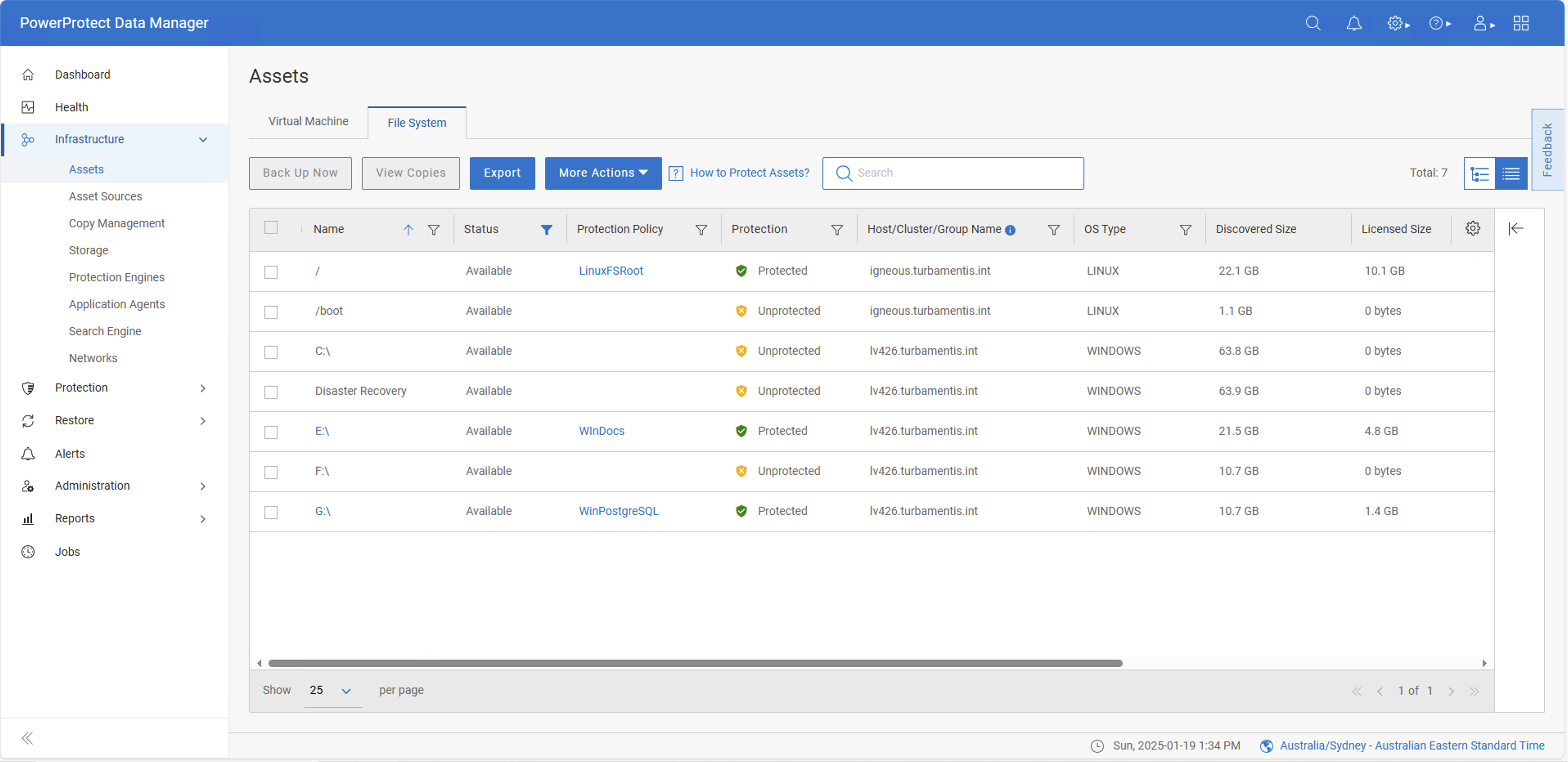 Admin user view of the file system  asset page, listing many assets