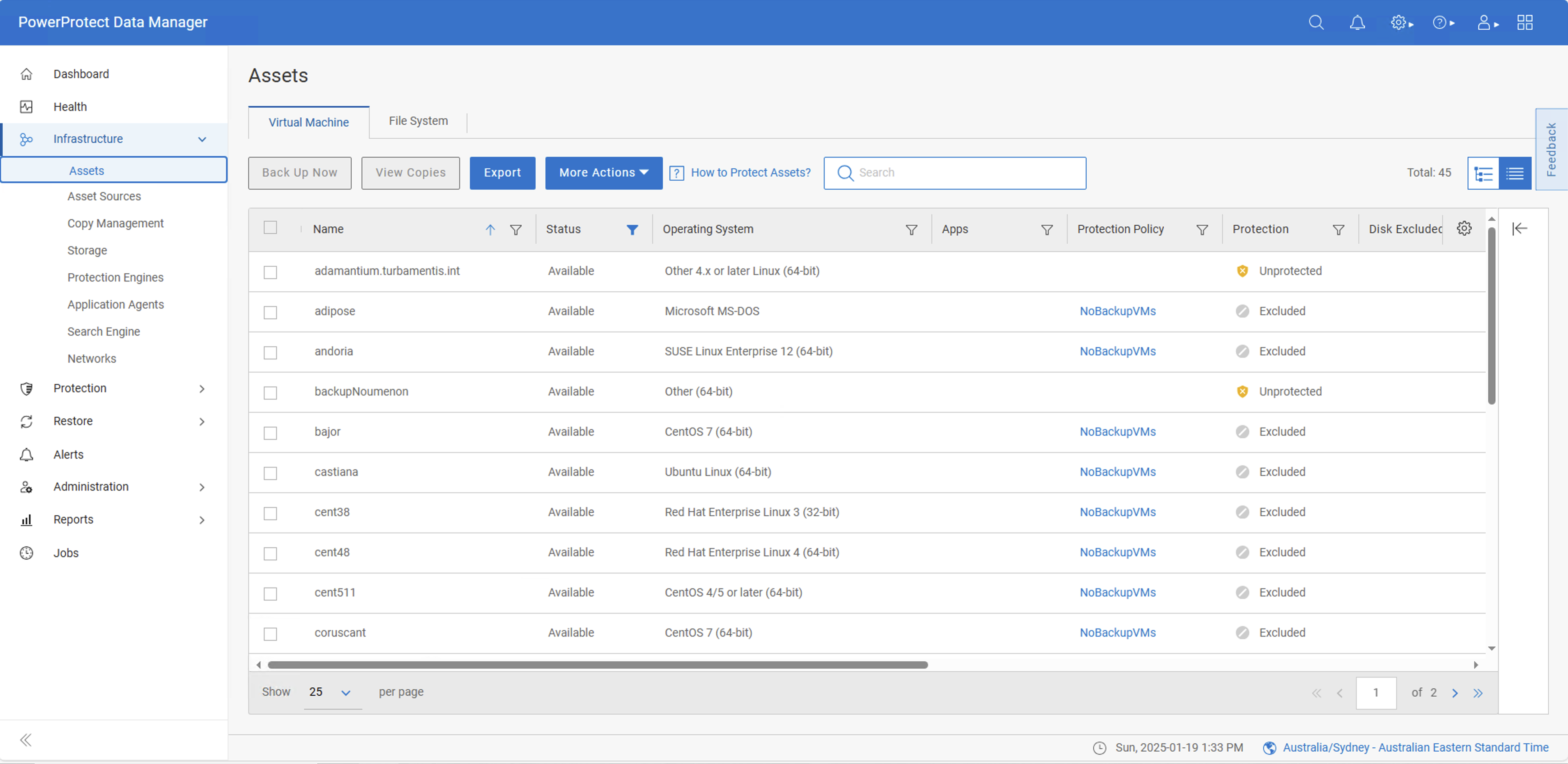 Admin user view of the virtual machine asset page, listing many assets