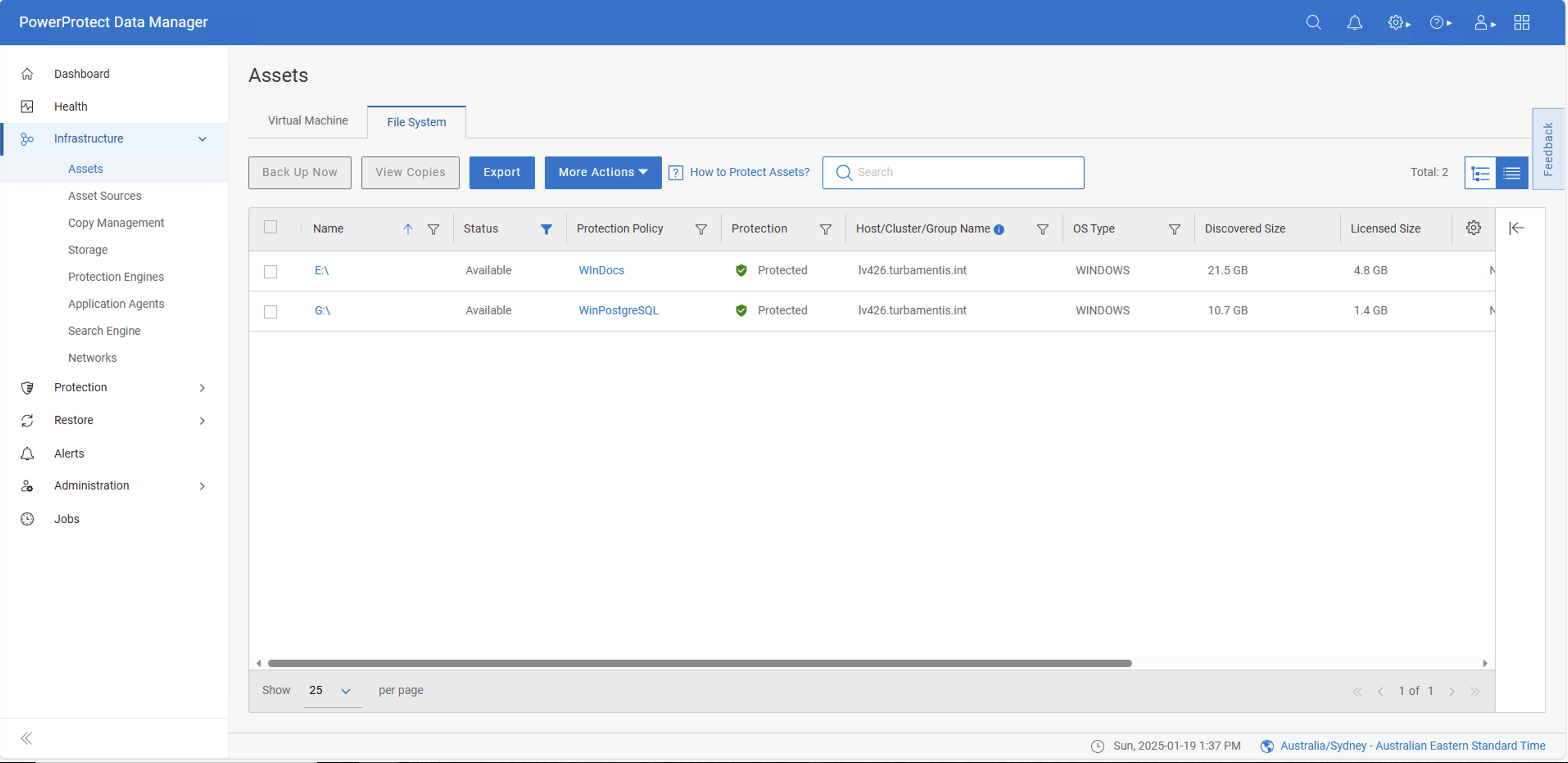 Bob's view of the file system asset page, showing only two assets